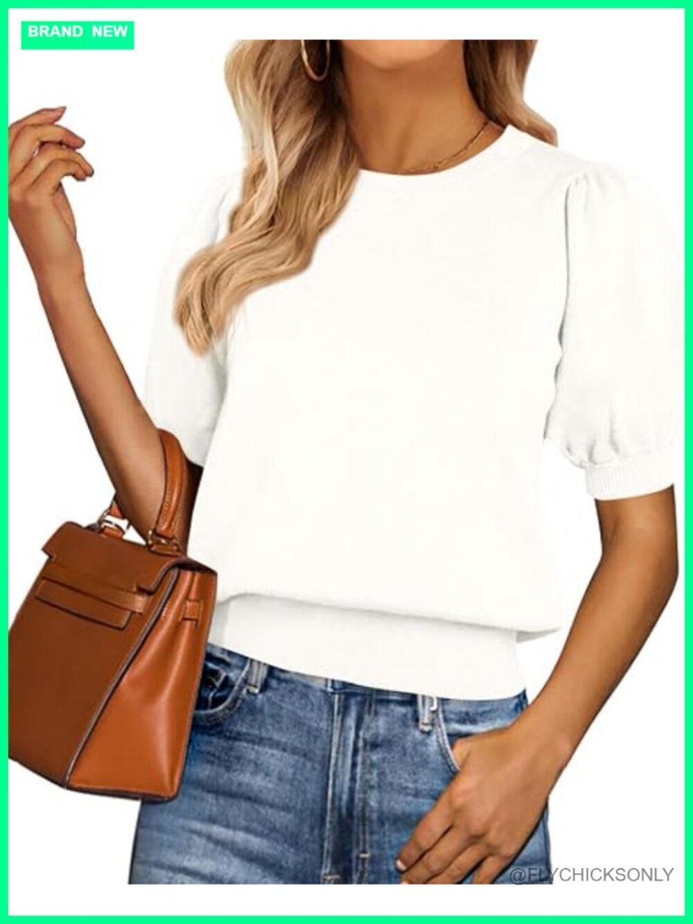 Puff Short Sleeve Knit Sweater Blouse Crewneck Business Casual Top